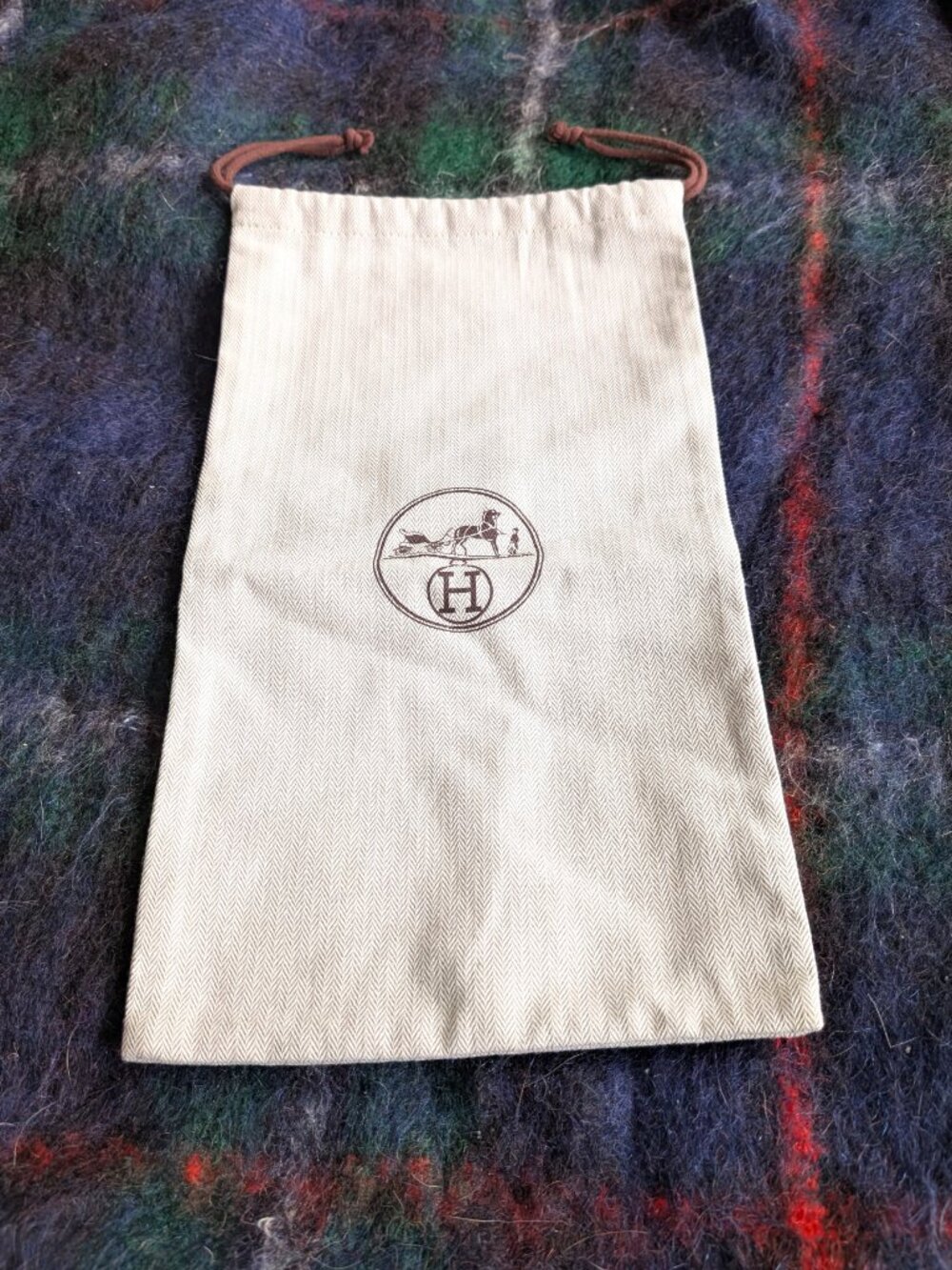 Authentic Hermes Herringbone Tweed Drawstring Storage Dust Bag 15.5" X 8.75"
